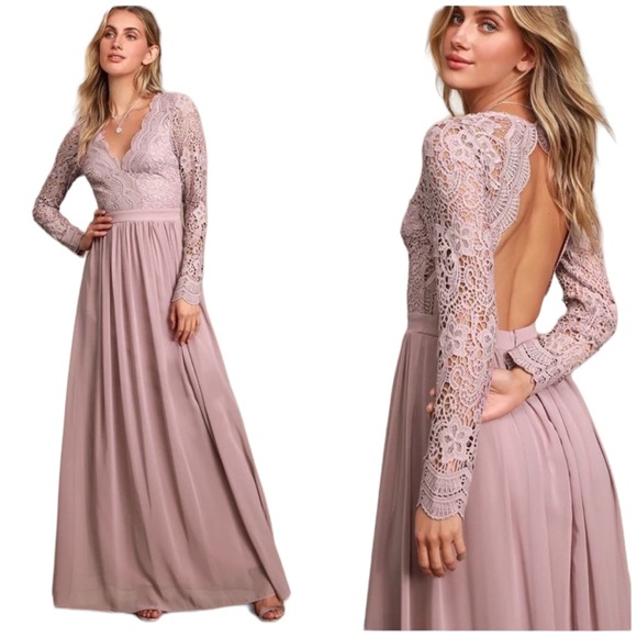 SOLD RARE Lulus Awaken My Love Dusty Lavender Long Sleeve Lace Maxi Dress - Picture 5 of 16